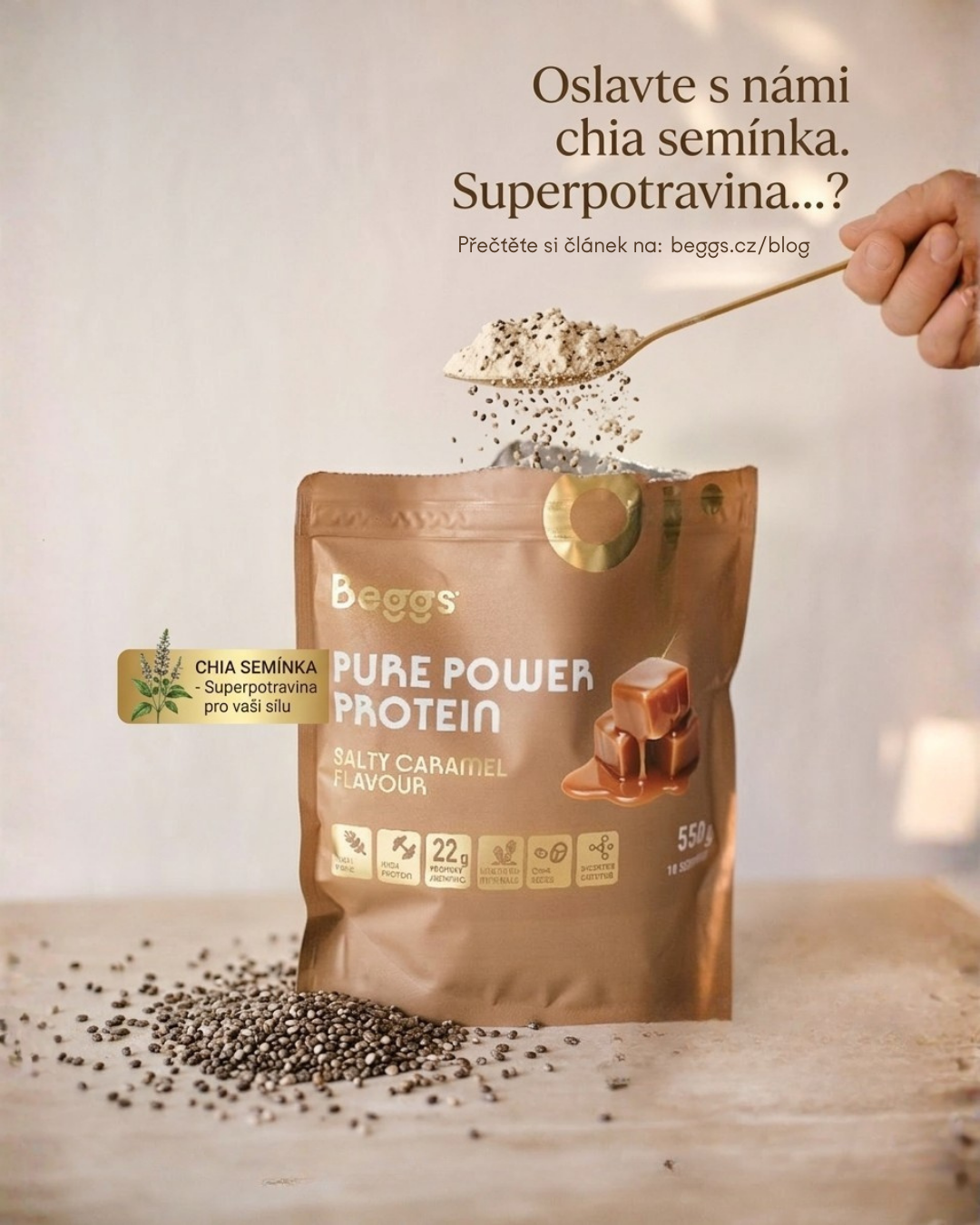 Beggs Pure Power Protein s chia semínky – příchuť slaný karamel a hořká čokoláda