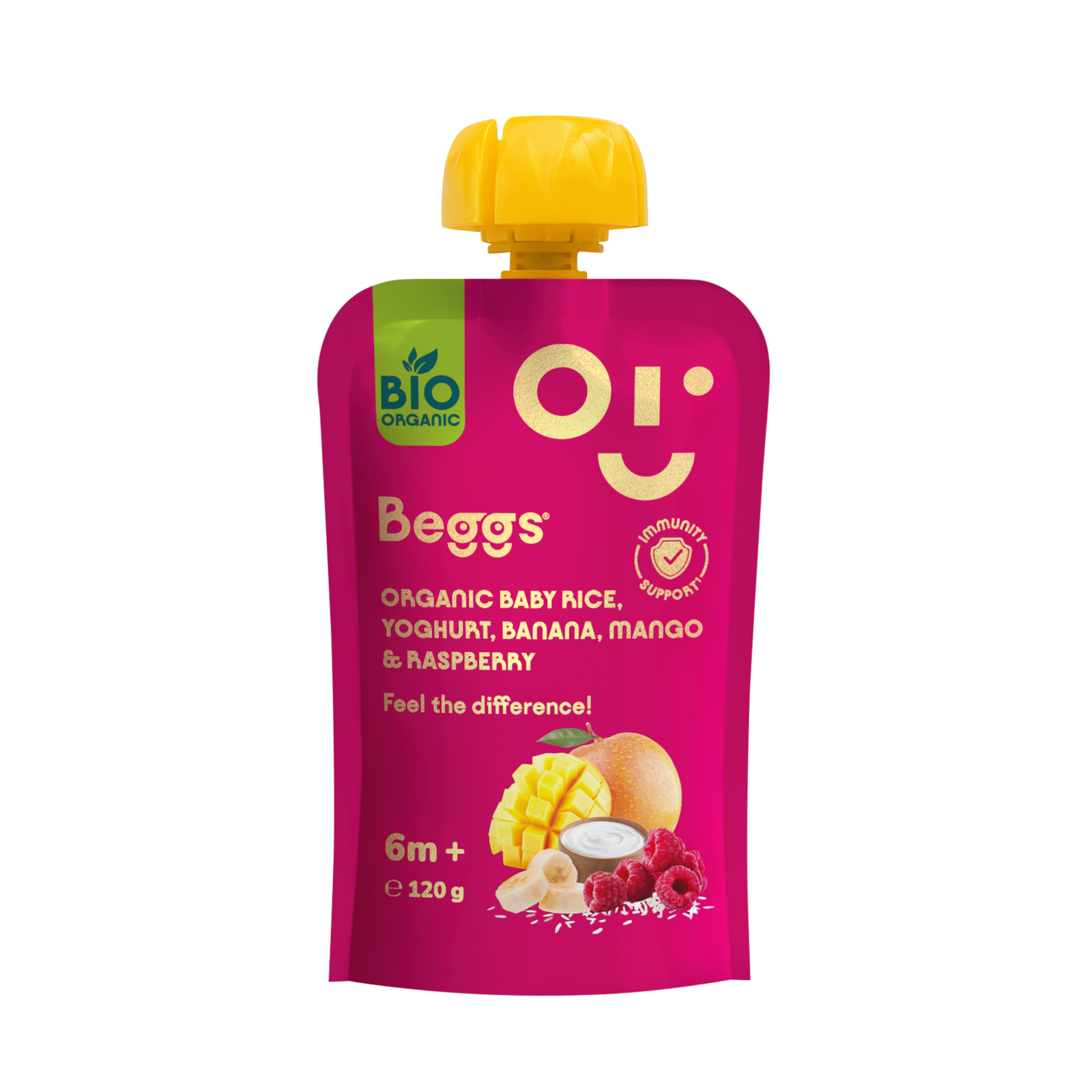 Beggs BIO Dětská rýže s jogurtem, banánem, mangem a malinami (120 g)