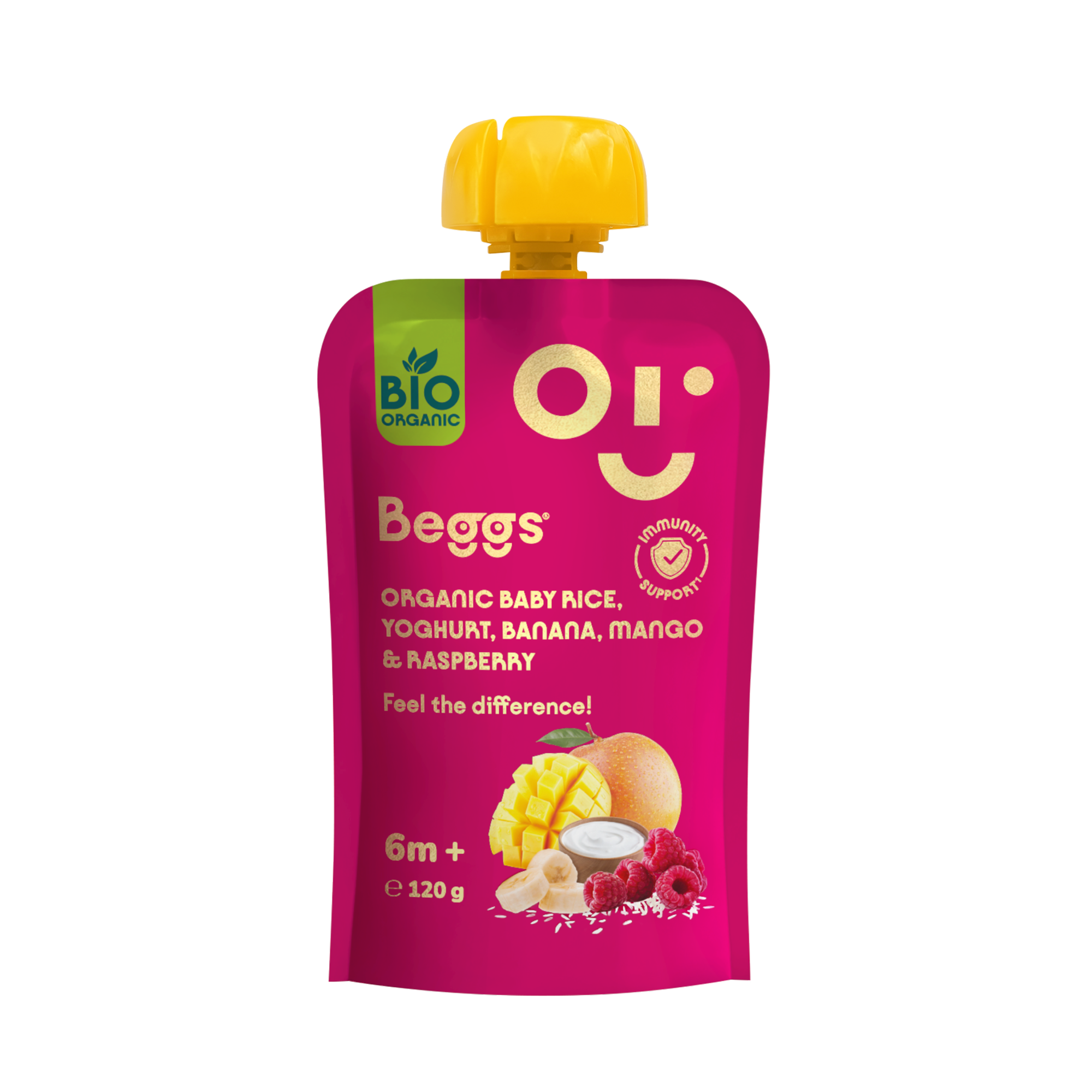 Beggs BIO Detská ryža s jogurtom, banánom, mangom a malinami (120 g)