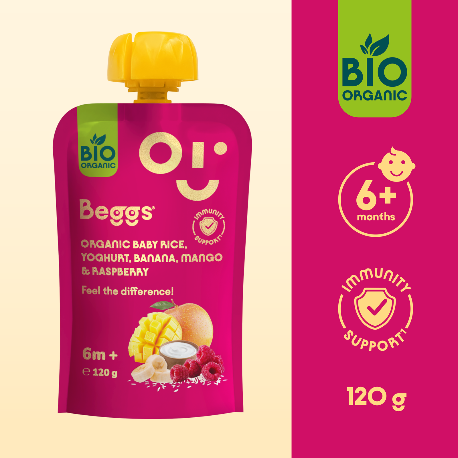 Beggs BIO Detská ryža s jogurtom, banánom, mangom a malinami (120 g)