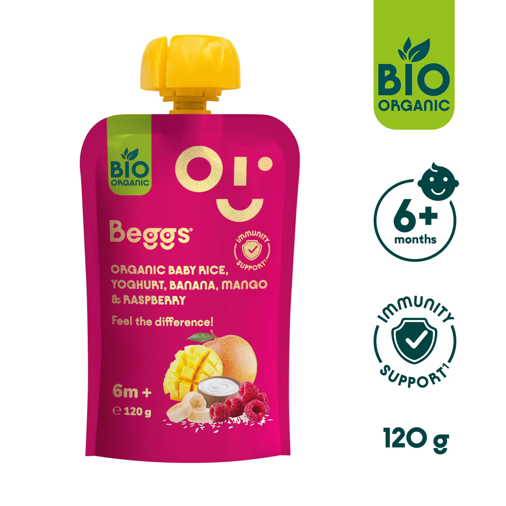 Beggs BIO Detská ryža s jogurtom, banánom, mangom a malinami (120 g)