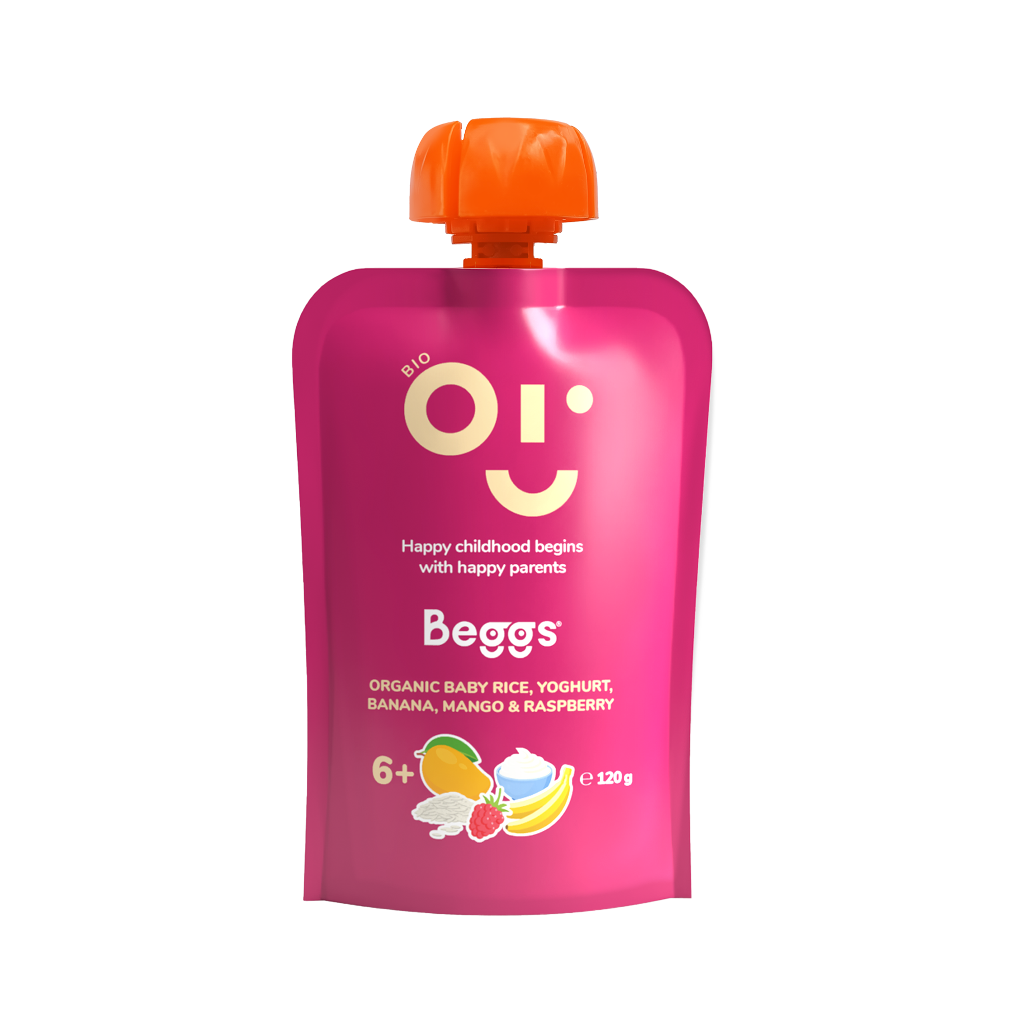 Beggs BIO Dětská rýže s jogurtem, banánem, mangem a malinami (120 g)