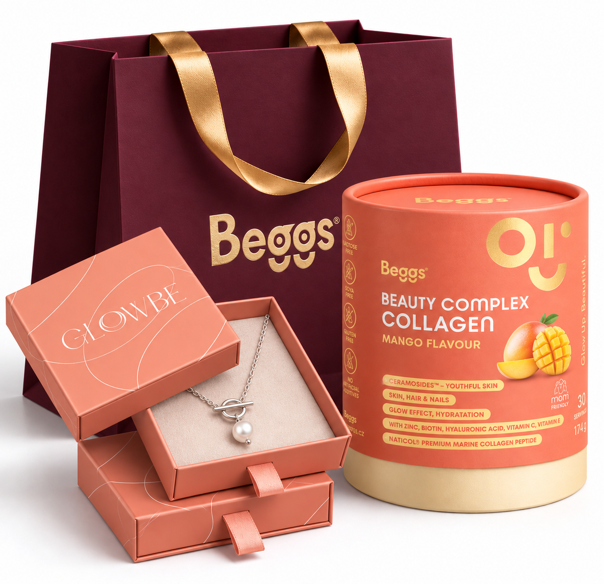 Dárkový balíček Beggs Beauty and Glow collagen + šperk Glowbe